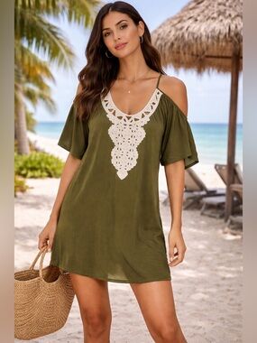 Solitaire Swim Olive Cover Up Tunic Small Crochet Costal Cold Shoulder